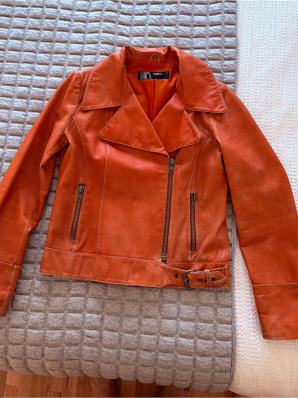 Vintage Orange Leather Moto Jacket